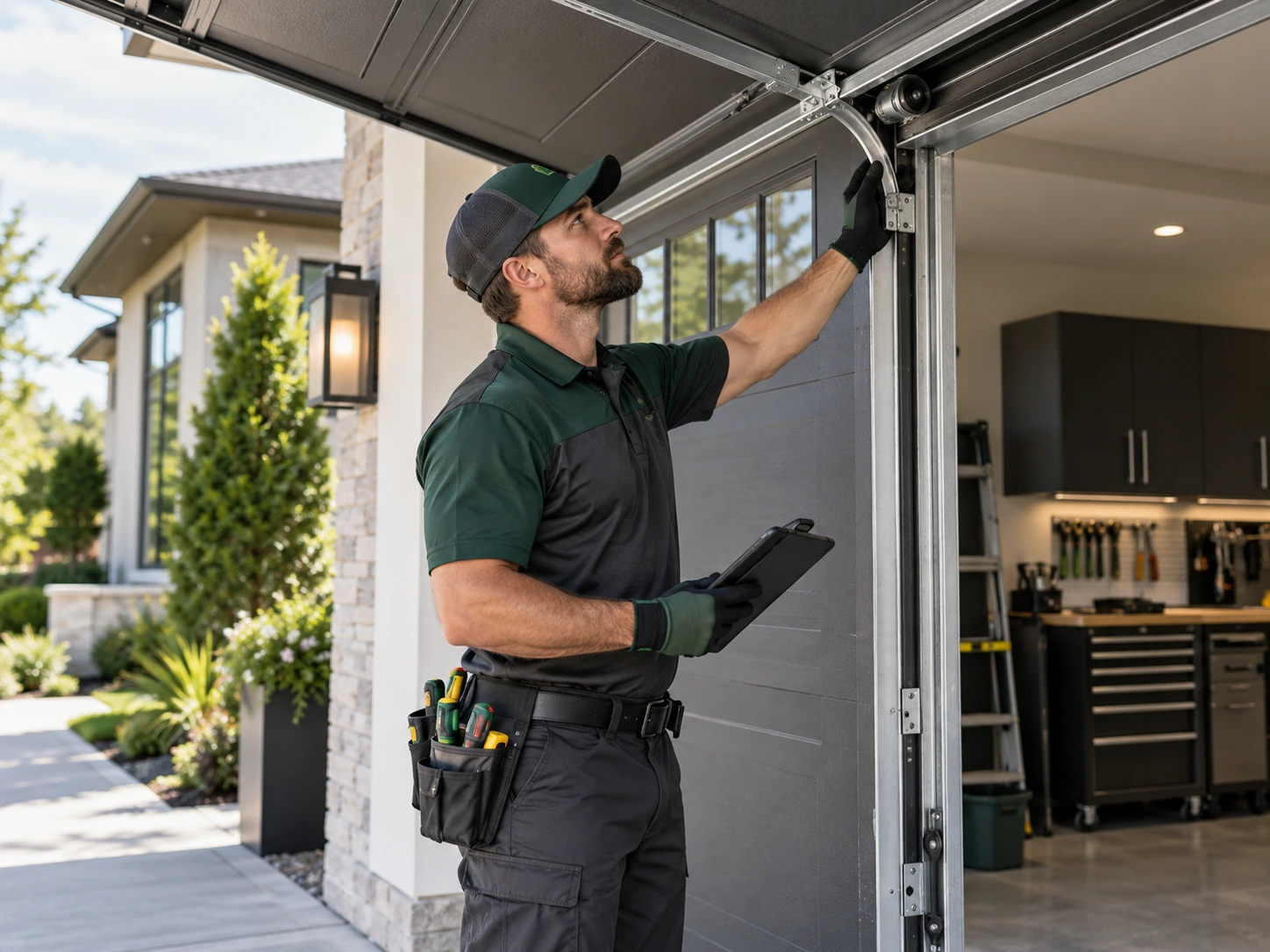 Garage Door Repair Highlands Ranch Technician Inspecting A Garage Door