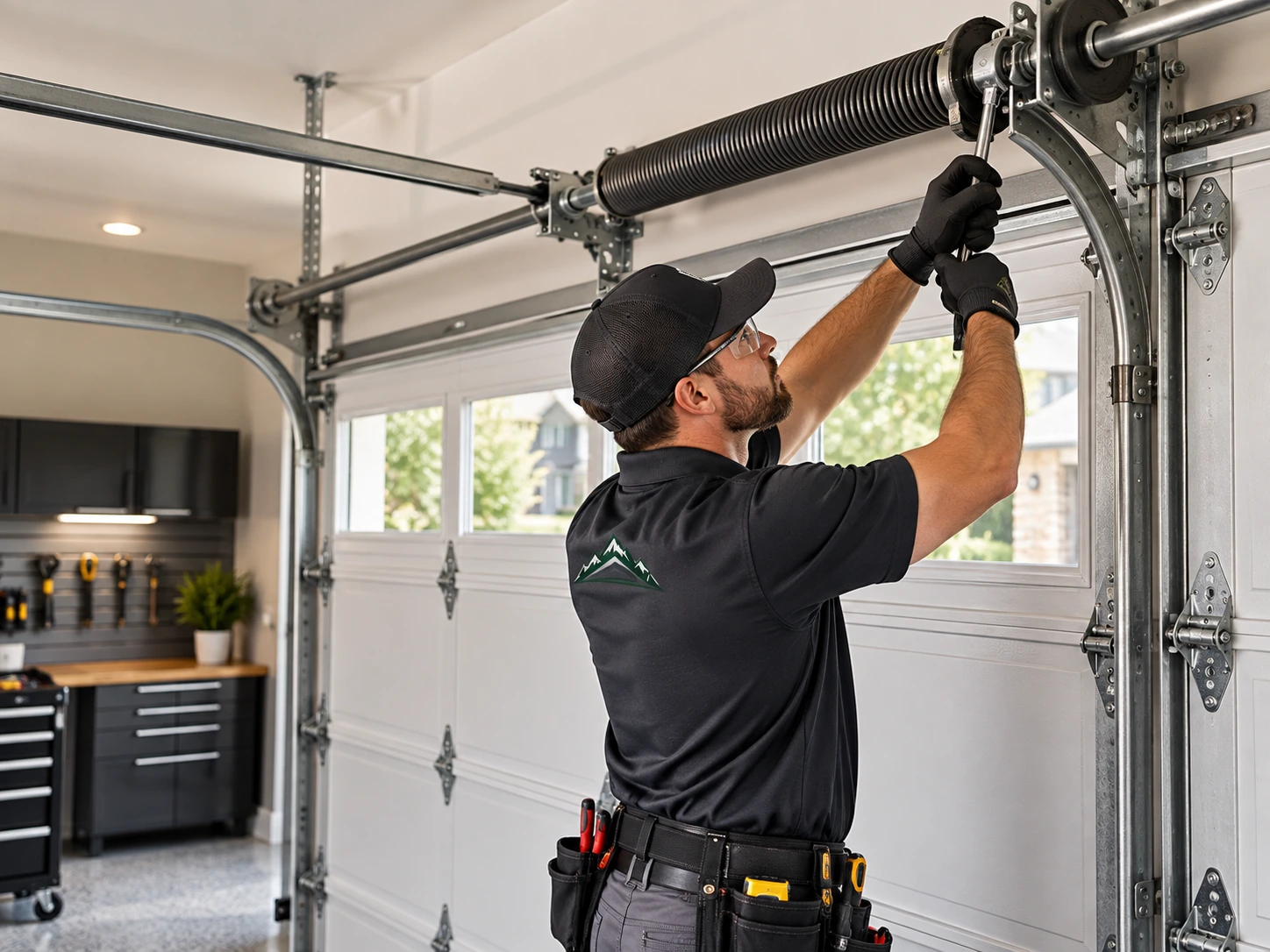 Technician Adjusting Garage Door Components